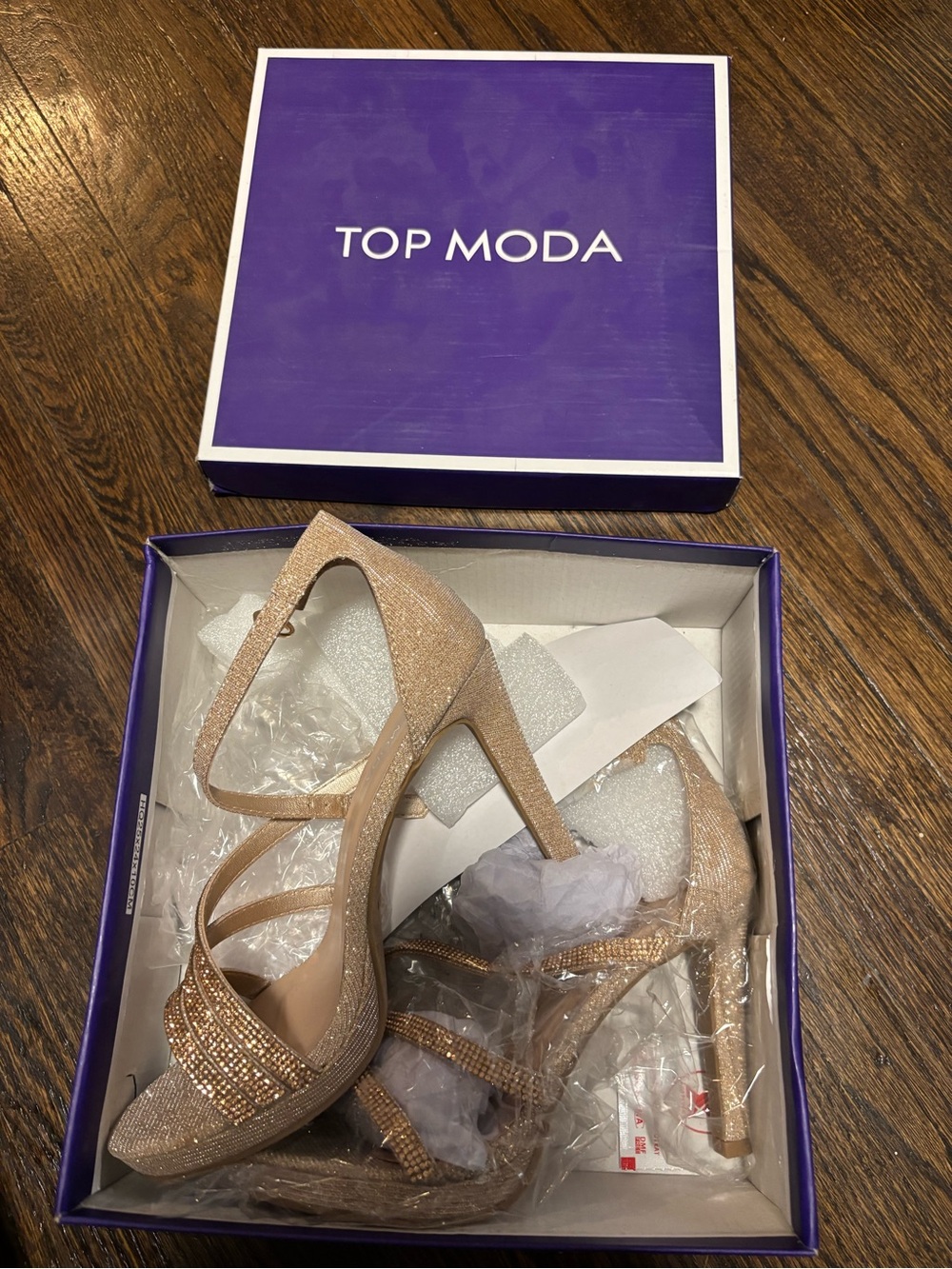 Top Moda, NWT Women's Champagne Rose Gold Glitter Strappy Heels, Size 7 1/2